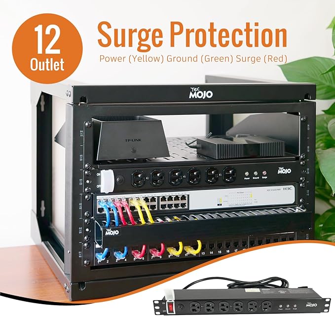 Tecmojo 1U Rackmount Network-Grade PDU Surge Protector Power Strip, 12 Outlets - Image 3