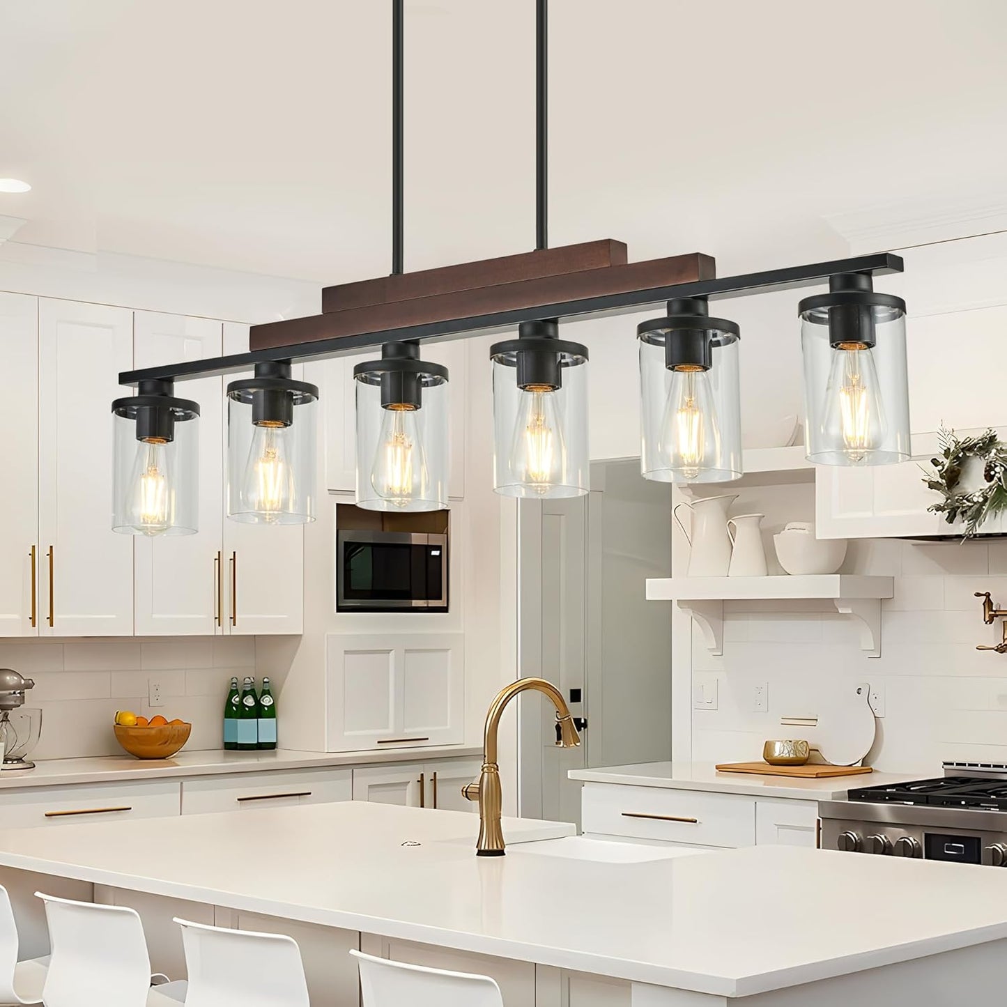 Farmhouse Chandelier 6-Light Dining Room Light Fixture Over Table Kitchen Island Lighting Rustic Chandeliers for Dining Light with Glass Shade Wood Pendant Lights Kitchen Island