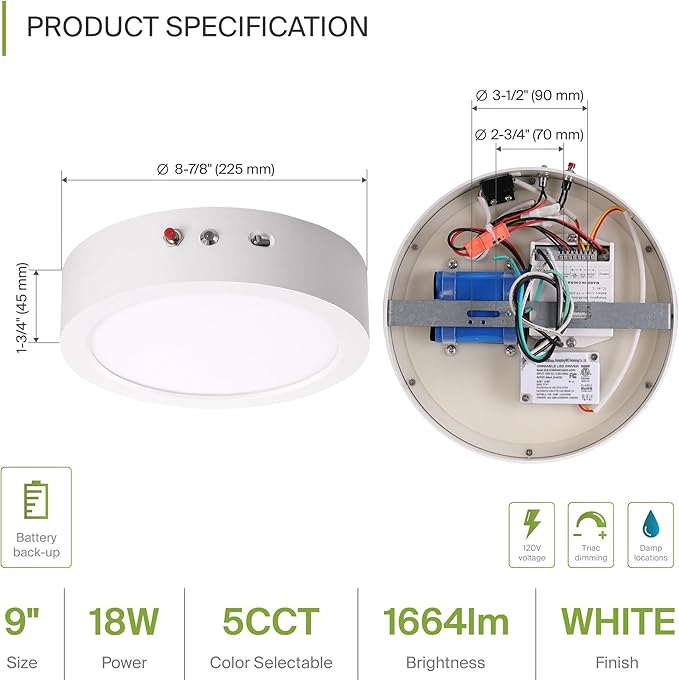 ASD LED 9" Round Flush Mount Ceiling Light Fixture, Low Profile Surface - Image 2