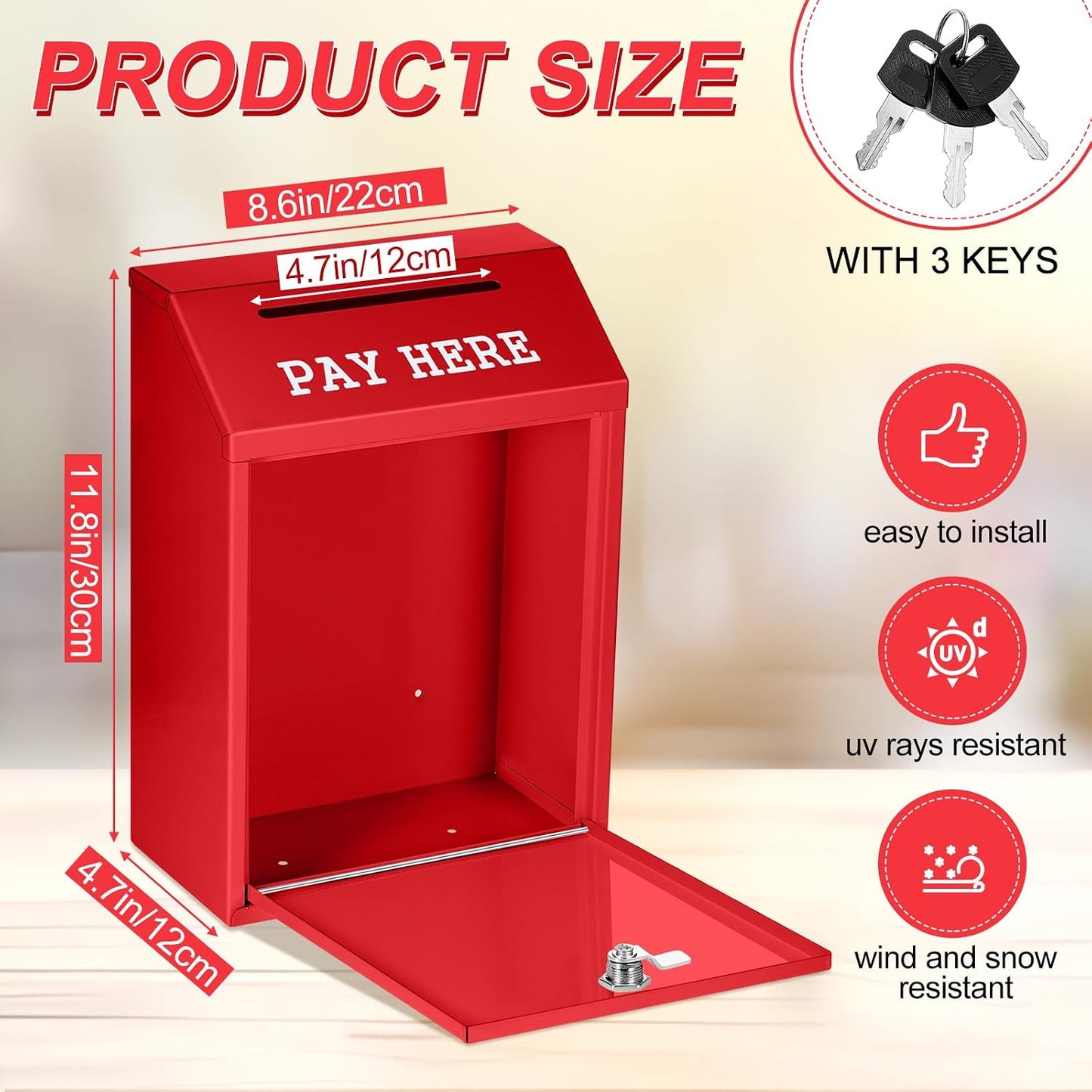 Yaocom Metal Money Cash Box,Red,11.8 x 8.6 x 4.7 Inch | Wall Mount Pre-drilled Farm Stand Outdoor, Lockable Drop Slot for Donations, Pay Here Self-serve Safe Cash Lock Box