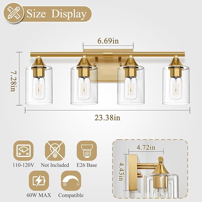 XPEHK Brushed Gold Vanity Light, 4 Light Gold Bathroom Light Fixtures, Bathroom - Image 4