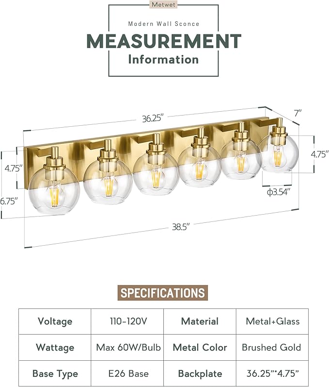 METWET Bathroom Light Fixtures, 6 Light Brushed Gold Vanity Light, 38 Inch - Image 2
