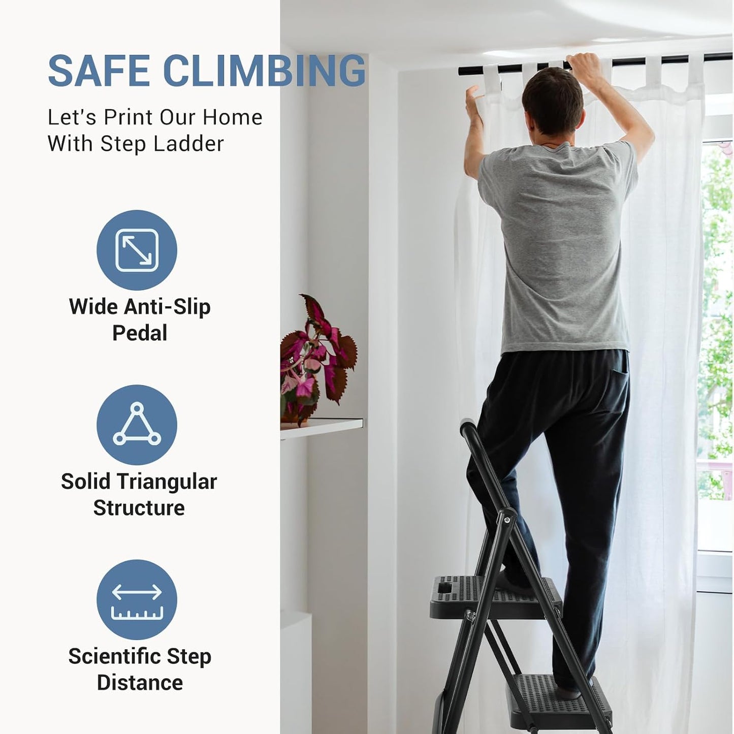 DUMOS Step Ladder, 2 Sturdy Step Stool with Anti-Slip Pedal & Comfortable Handrail, Portable Heavy Duty Step Stool for Kitchen, Garage & Outdoor Use, 800lbs, Black