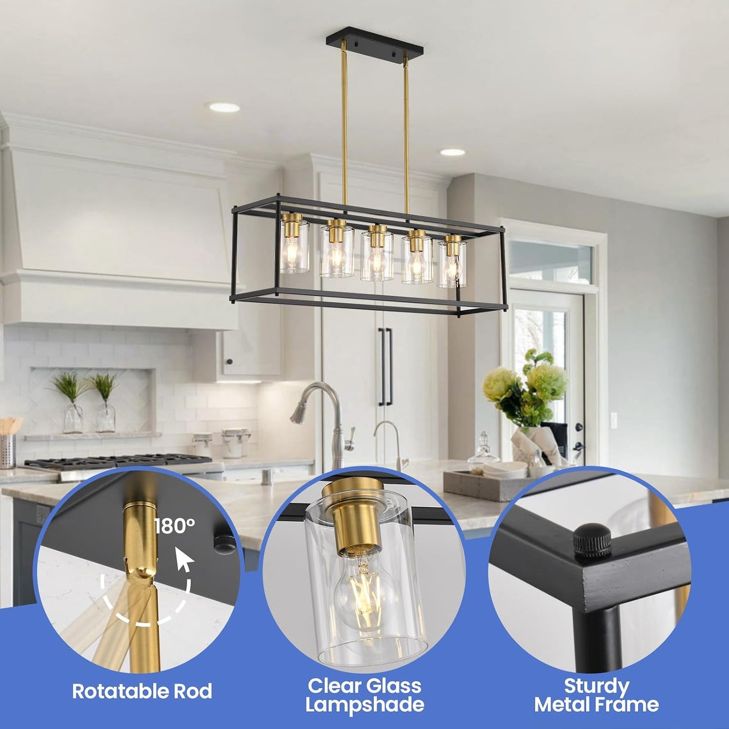 5-Light Dining Room Fixture Black and Gold Kitchen Island Lighting