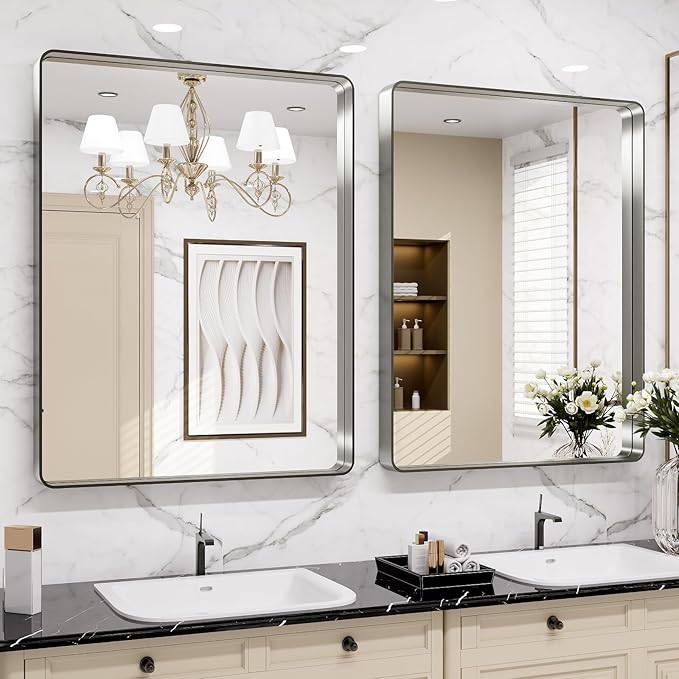 LOAAO 22X30 Inch Brushed Nickel Bathroom Mirror, Rounded Rectangle Silver Metal - Image 4
