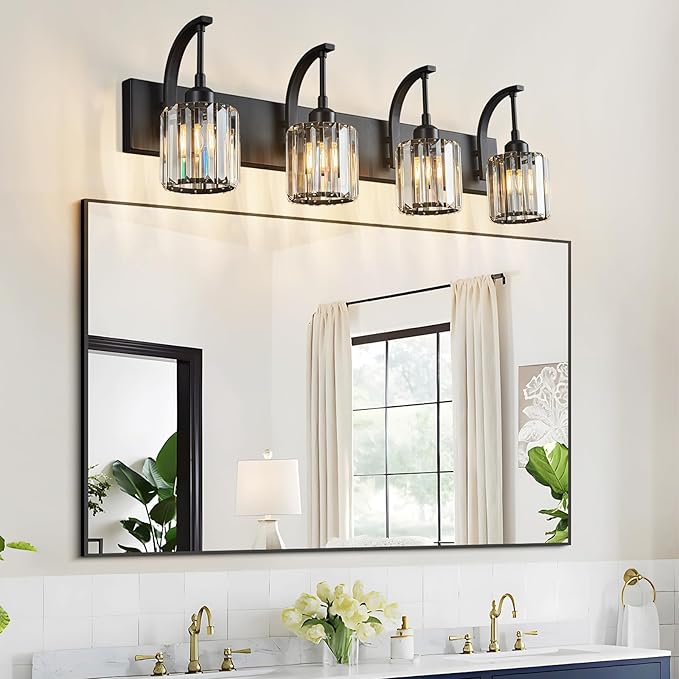 FDPBY 4-Light Crystal Vanity Light, Modern Black Bathroom Wall Sconce - Image 6