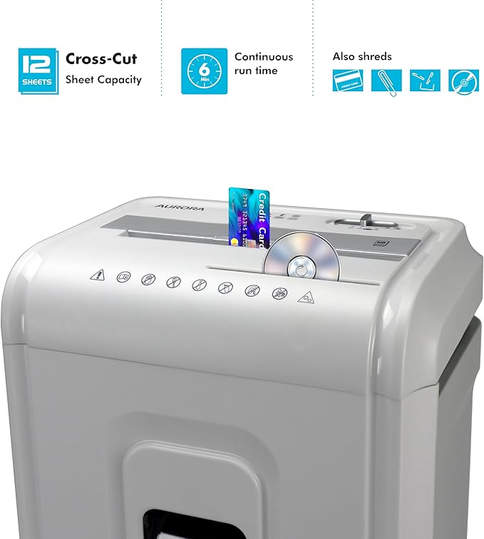 Aurora Anti-Jam 12-Sheet Cross-Cut Paper/CD and Credit Card Shredder - Image 3
