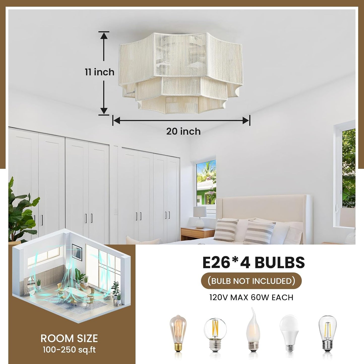 RUIYEY Boho Ceiling Fans with Lights: 20 inch Beige 2-Tier Modern Flush Mount Ceiling Fan with Remote, 7 Blades Reversible 6 Speeds E26 4 Light Low Profile Caged Fandelier for Bedroom Kitchen Island