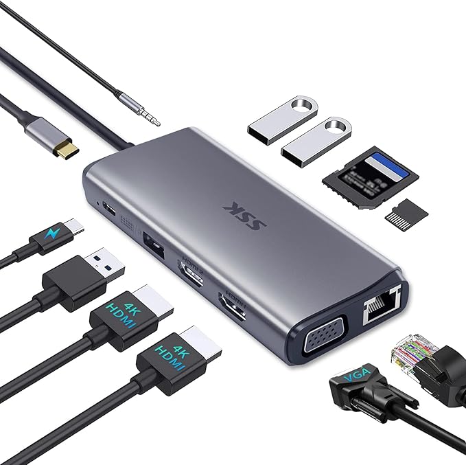 SSK Laptop USB C Docking Station Dual Monitor, HDMI 4K/60Hz Multiport Adapter by SSK