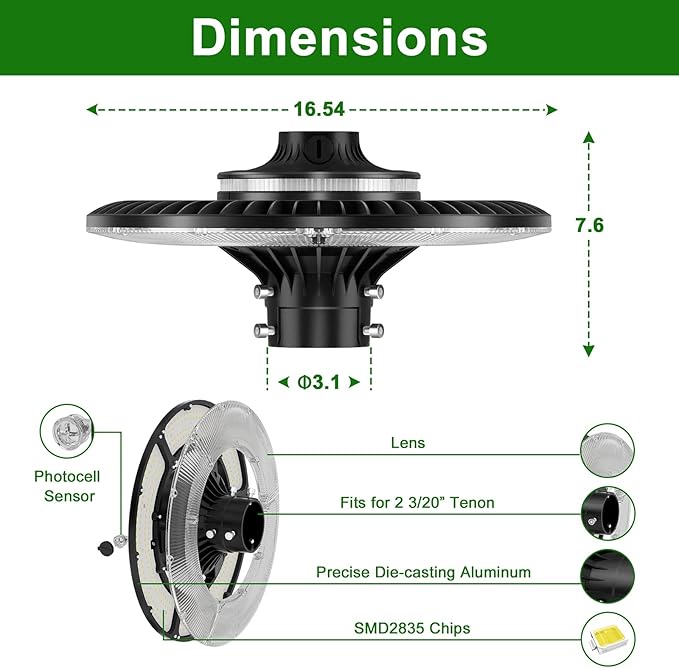 150W LED Post Top Light with Photocell, 21000 lumens 5000K Circular Area Pole - Image 4