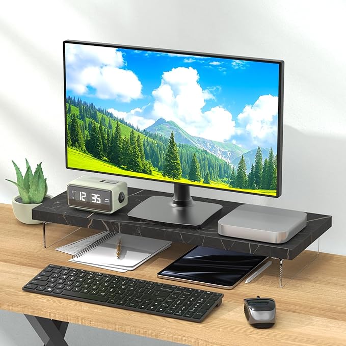 Dual Monitor Stand Riser, Wooden Desktop Organizer Shelf - Image 7