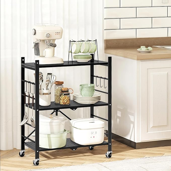 Himix Storage Shelves with 6 Hooks, 3 Tier Foldable Shelf with Wheels, Metal - Image 8