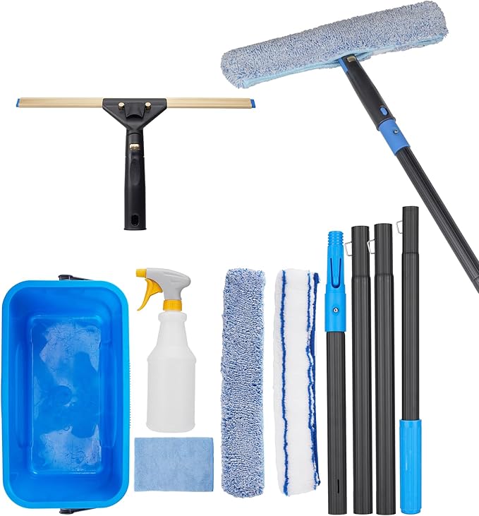 Window Cleaning Kit with Storage Bucket, Window Squeegee with 4.13ft Extension by ZKUAOGDI
