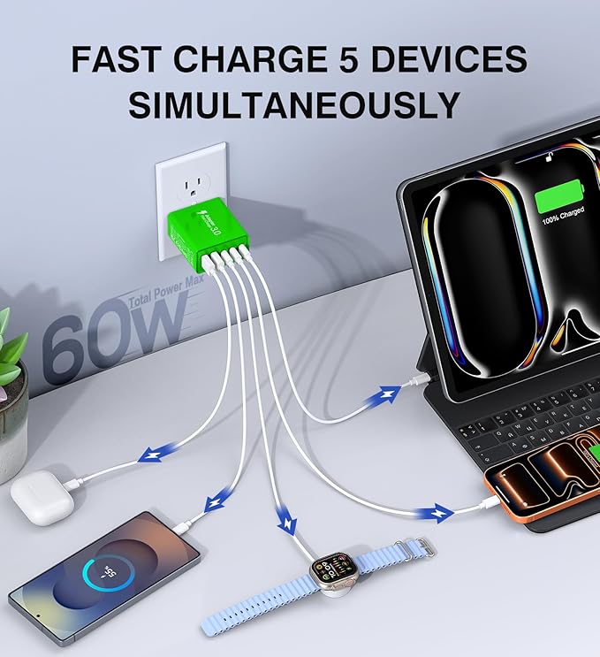 2 Pack 60W USB C Fast Charger Block, 5-Port Type C Wall Charger Brick, 2 USB A - Image 3