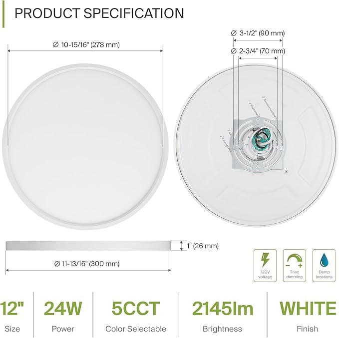 ASD LED 12" Round Flush Mount Ceiling Light Fixture, Low Profile Surface - Image 2