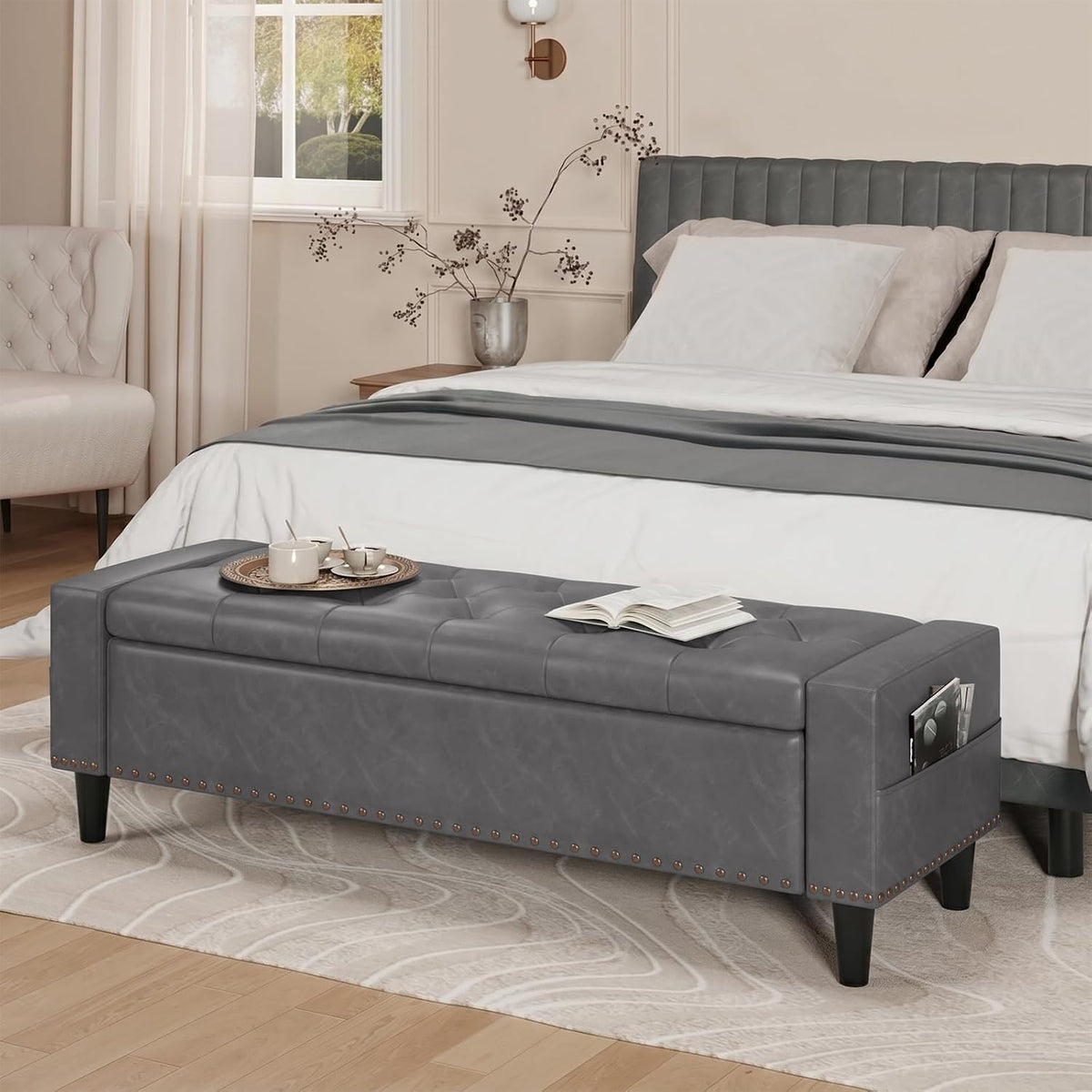 60" storage ottoman bench, faux leather upholstered bed, main product view