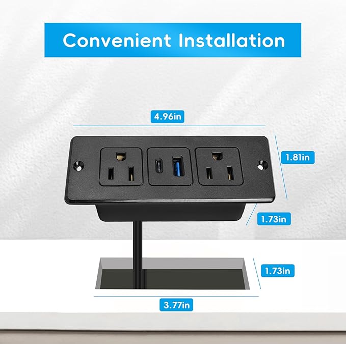 Havorbit 20W Recessed Power Strip USB, 2 AC Outlets + 1 USB-C + 1 USB-A Ports - Image 4