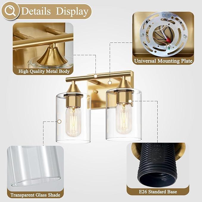 XPEHK Gold Vanity Lights for Bathroom, 2-Light Bathroom Light Fixtures - Image 5