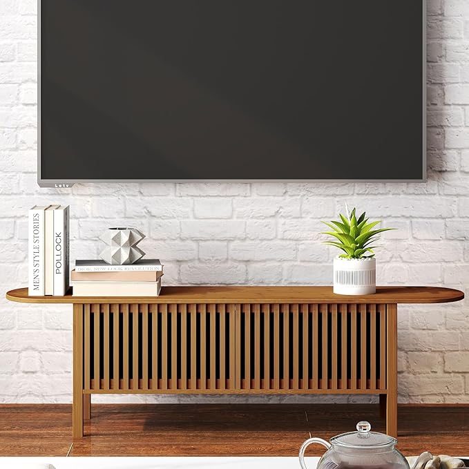 HollyHOME Bamboo TV Stand with Storage - Image 4