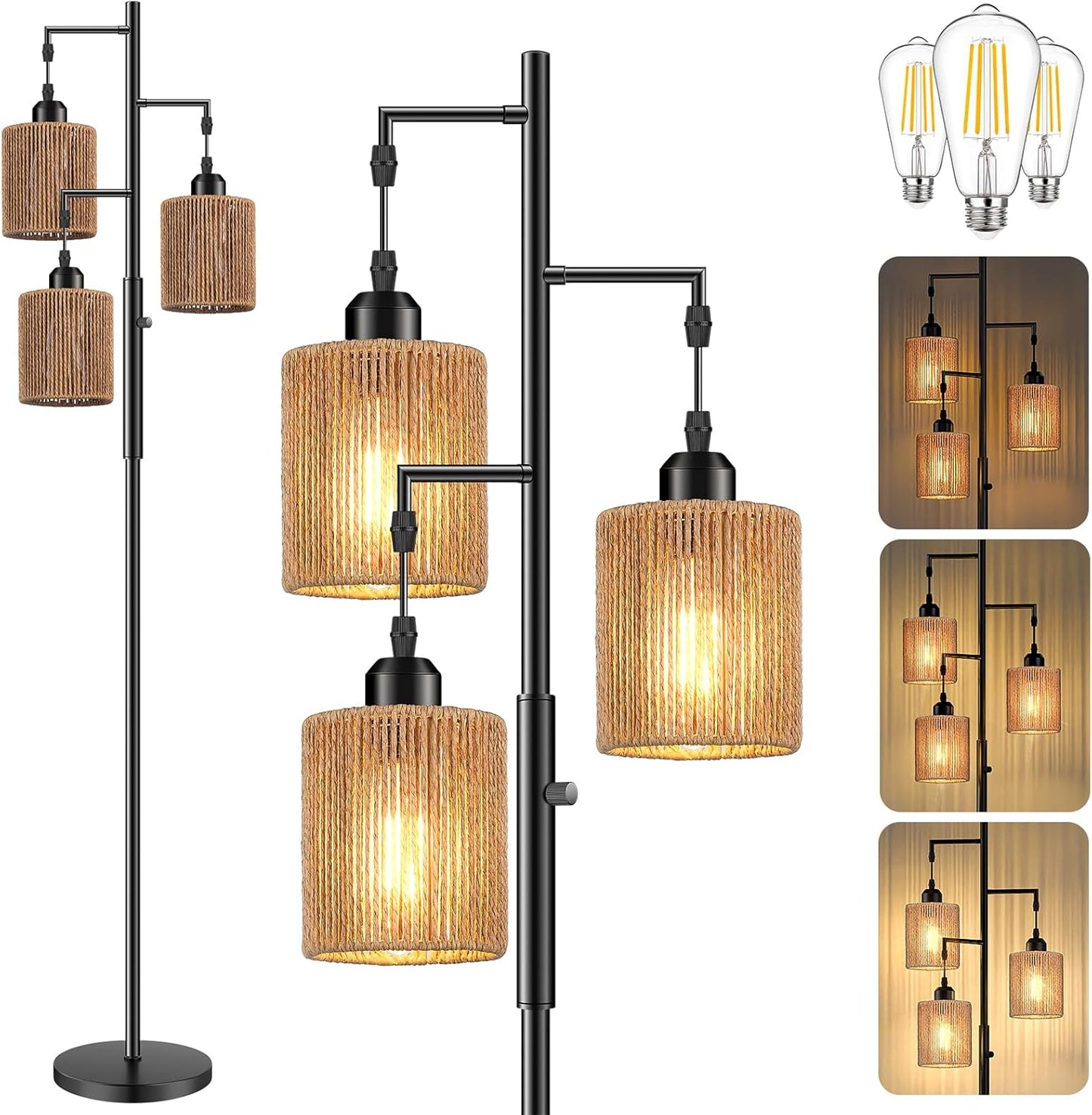 Hotsonic 72" Boho Rattan Tree Floor Lamp, Tall Dimmable Industrial Standing Lamp, Corner Decor Accent Lighting for Living Room, Bedroom, Dining Room, Nursery, Cafe (3 x 800LM Bulbs Included) - Black