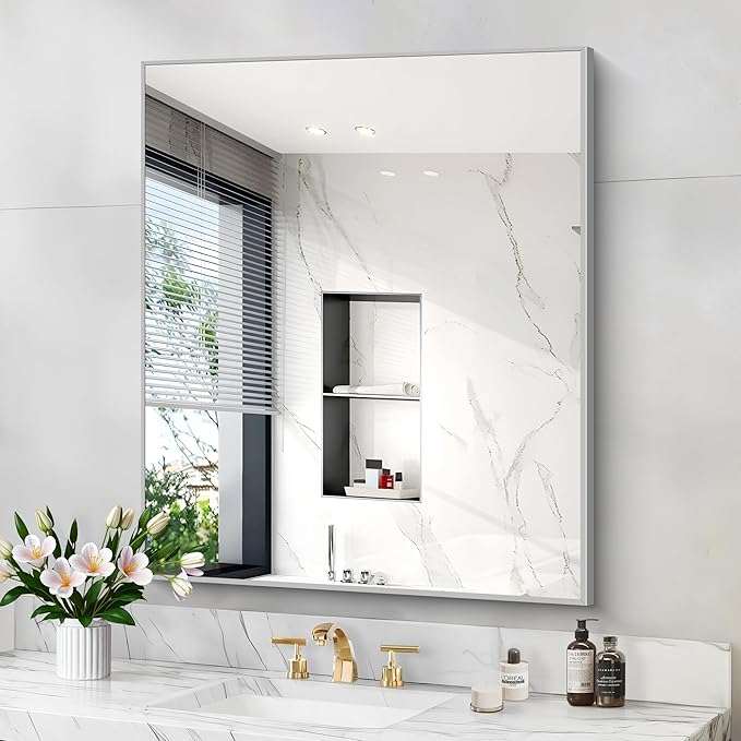 Silver Bathroom Mirror for Wall, 30x36 Inch Rectangle by Welcometocofeny