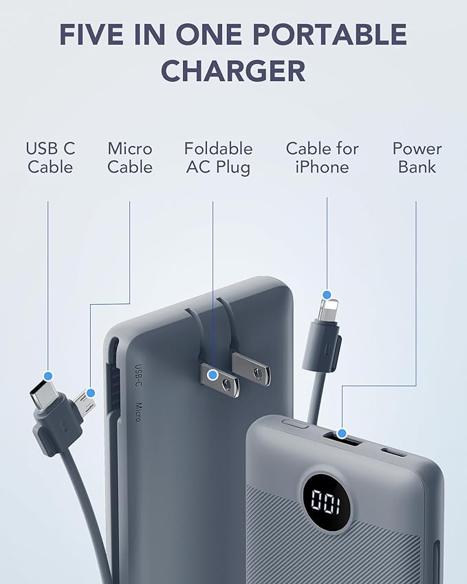 VRURC Portable Charger Built-in Cables and AC Wall Plug, USB C Power Bank - Image 2