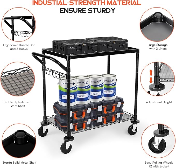 WDT 680Lbs Capacity Heavy Duty Rolling Utility Cart, 2 Tier Rolling Carts - Image 3
