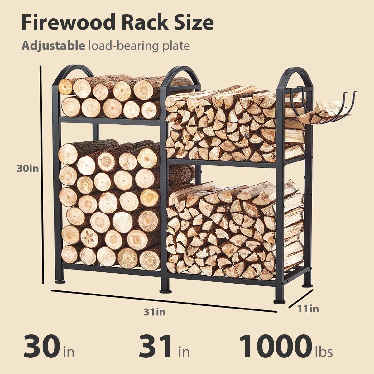 2 tier firewood rack, 31inch shown in use