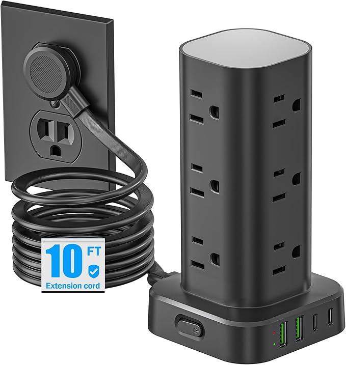 Flat Plug Power Strip Tower Surge Protector, 10FT Flat Extension Cord by Unknown