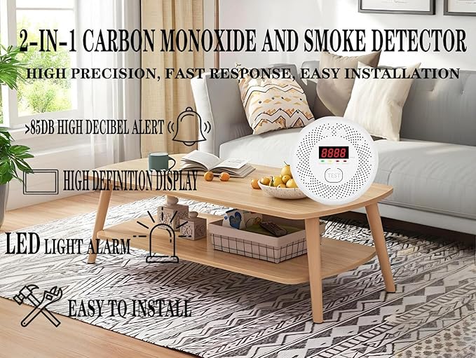 Vzmcov Carbon Monoxide and Smoke Detector LCD Display, Battery Powered - Image 6