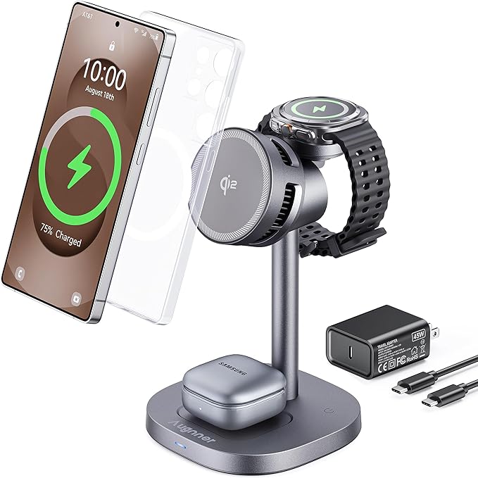 Magnetic Wireless Charger for Samsung, Qi2 Certified Fast 15W 3 in 1 Charging by Augnner