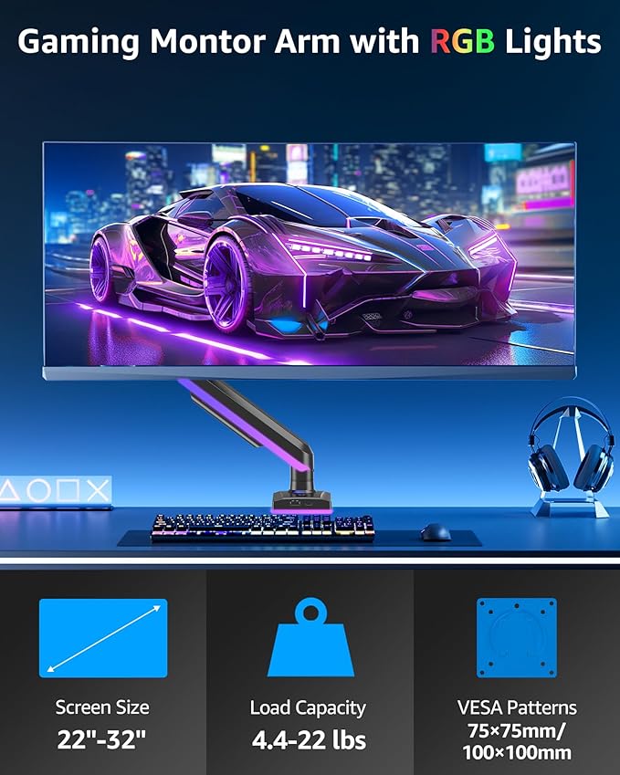 MOUNTUP RGB Single Monitor Arm Fits 32 27 24 22 inch, Holds 4.4-22lbs Screens - Image 2