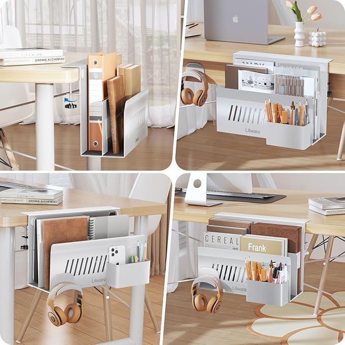 Litwaro Desk Side Storage Organizer, 2 Tier Under Desk Laptop Holder No Drill - Image 7