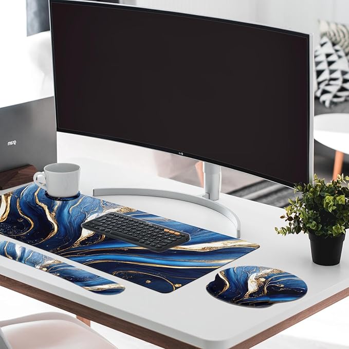 Britimes Blue and Gold Marble Keyboard Mouse Pad Set 4in1 Large - Image 7