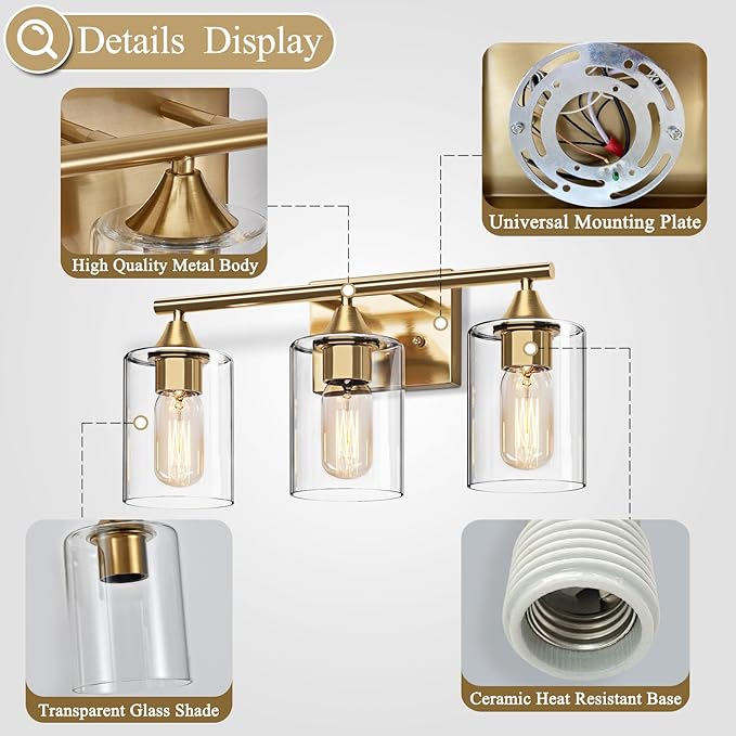 XPEHK Gold Bathroom Light Fixtures, 3-Light Vanity Lights, Modern Brushed Brass - Image 5