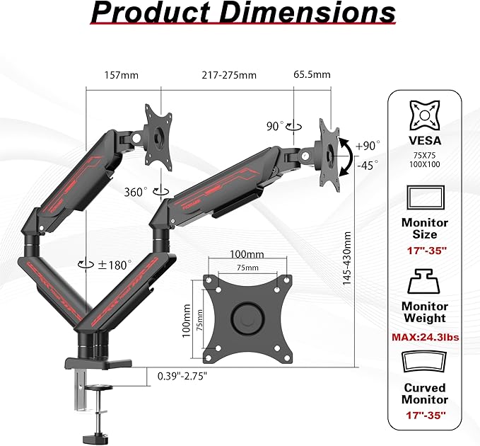 Fydeamer Dual Monitor Arm for 17-35" Screens up to 24.2 lbs, Ergonomic Gas - Image 7