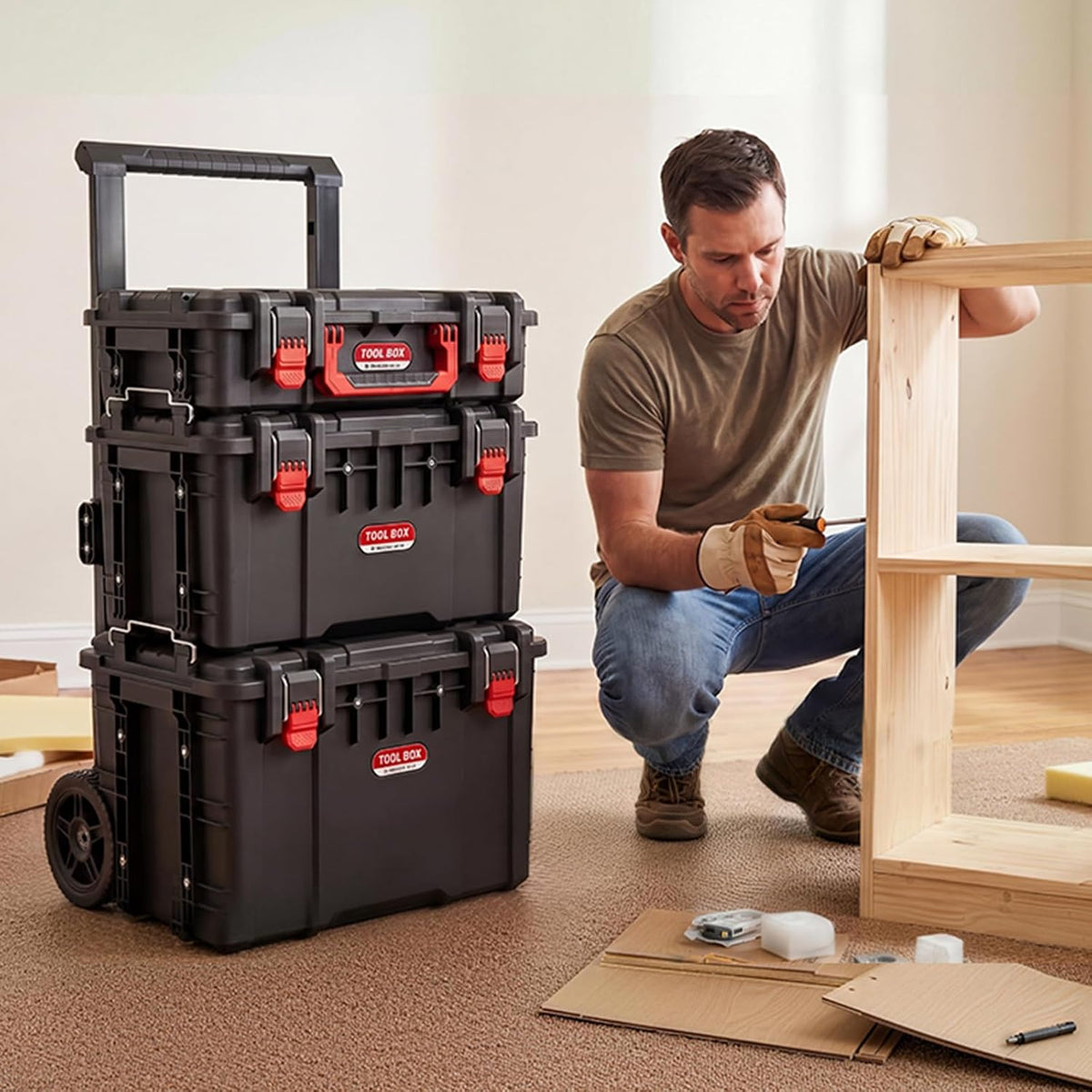 jeko&jeko 3-piece rolling modular tool box system with, front angle view
