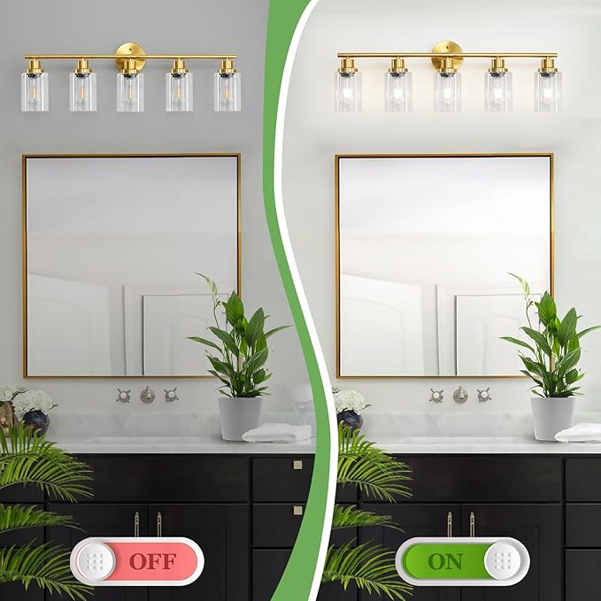 Guliaofo 5-Light Bathroom Vanity Lights, E26 Modern Brushed Gold Bathroom Light - Image 5