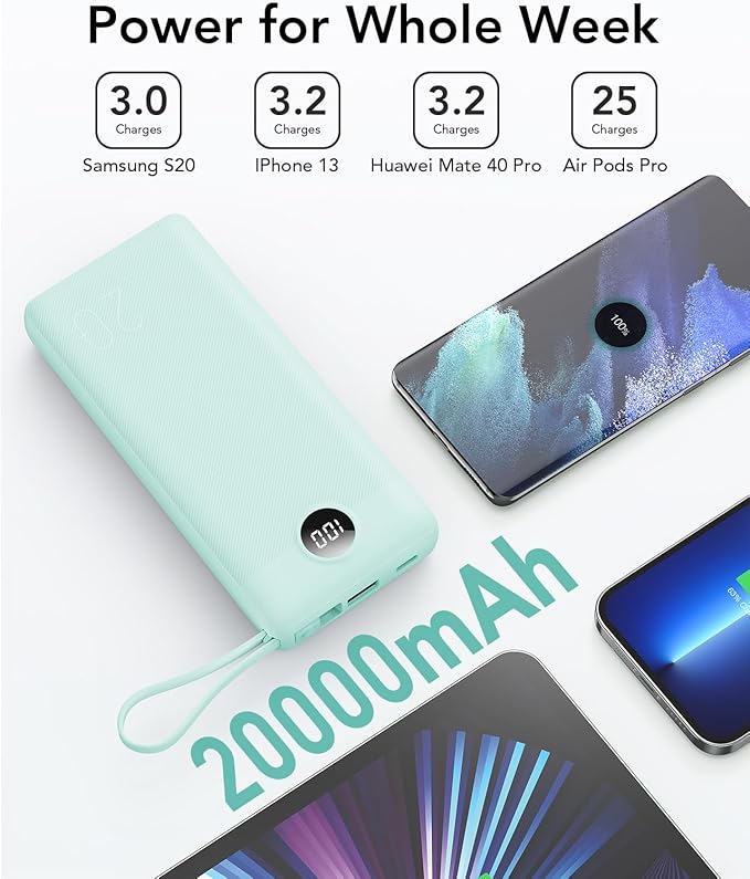 VRURC Portable Charger 20000mAh, Built-in Cables Fast Charging Power Bank - Image 2