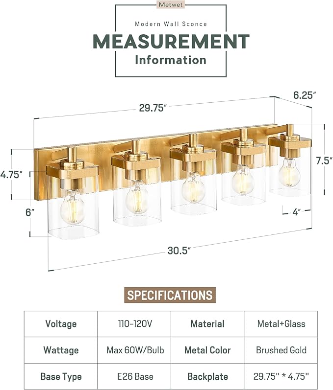 METWET Bathroom Light Fixtures, 5-Light Modern Wall Sconces - Image 2