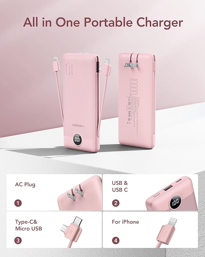 VEGER Portable Charger with Built-in AC Plug and Cables, All in One 10000mAh - Image 2