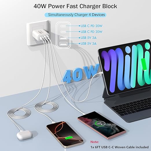 40W iPhone 17/16/15 Fast Charger, PD 40W Type C Apple Charger 4 Port Wall Plug - Image 5