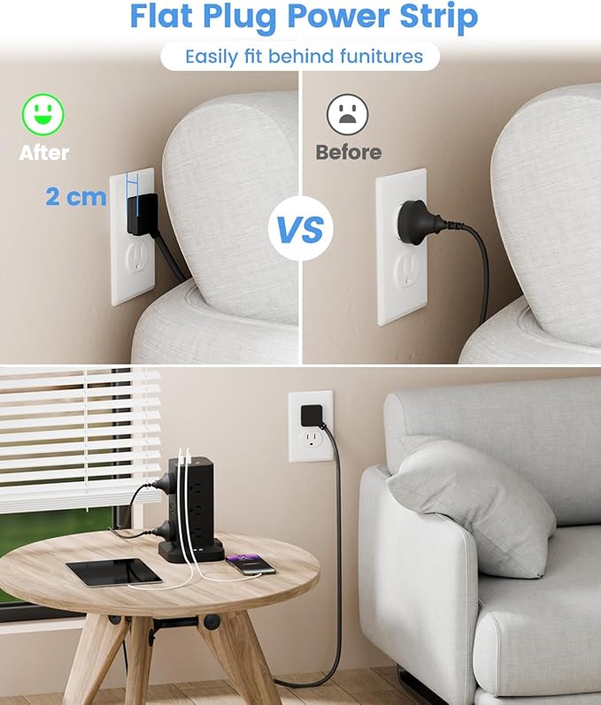 Power Strip Tower with Surge Protector 1800J, Fast Charging Tower PD20W USB-C - Image 6