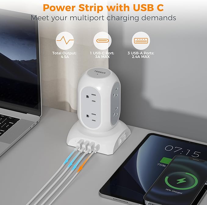 TESSAN Surge Protector Power Strip Tower, Flat Plug Extension Cord 10 Ft - Image 3