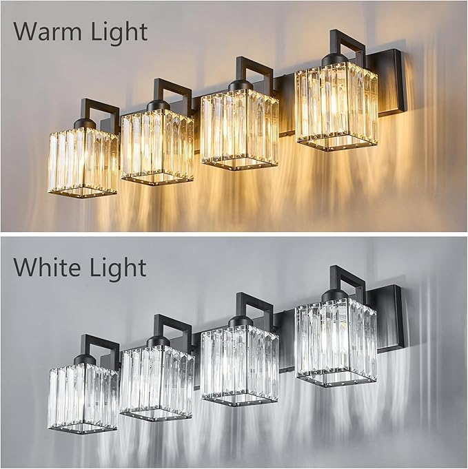 FDPBY Black Bathroom Light Fixture, 4-Light Crystal Vanity Lighting, Bathroom - Image 3