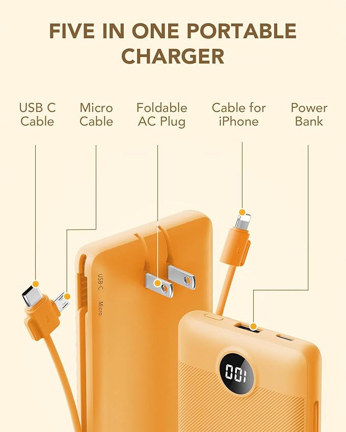 VRURC Portable Charger Built-in Cables and AC Wall Plug, USB C Power Bank - Image 3
