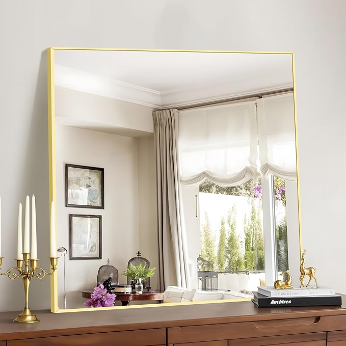 Gold Bathroom Mirror for Wall, 30x30 Inch Rectangle Mirrors - Image 2
