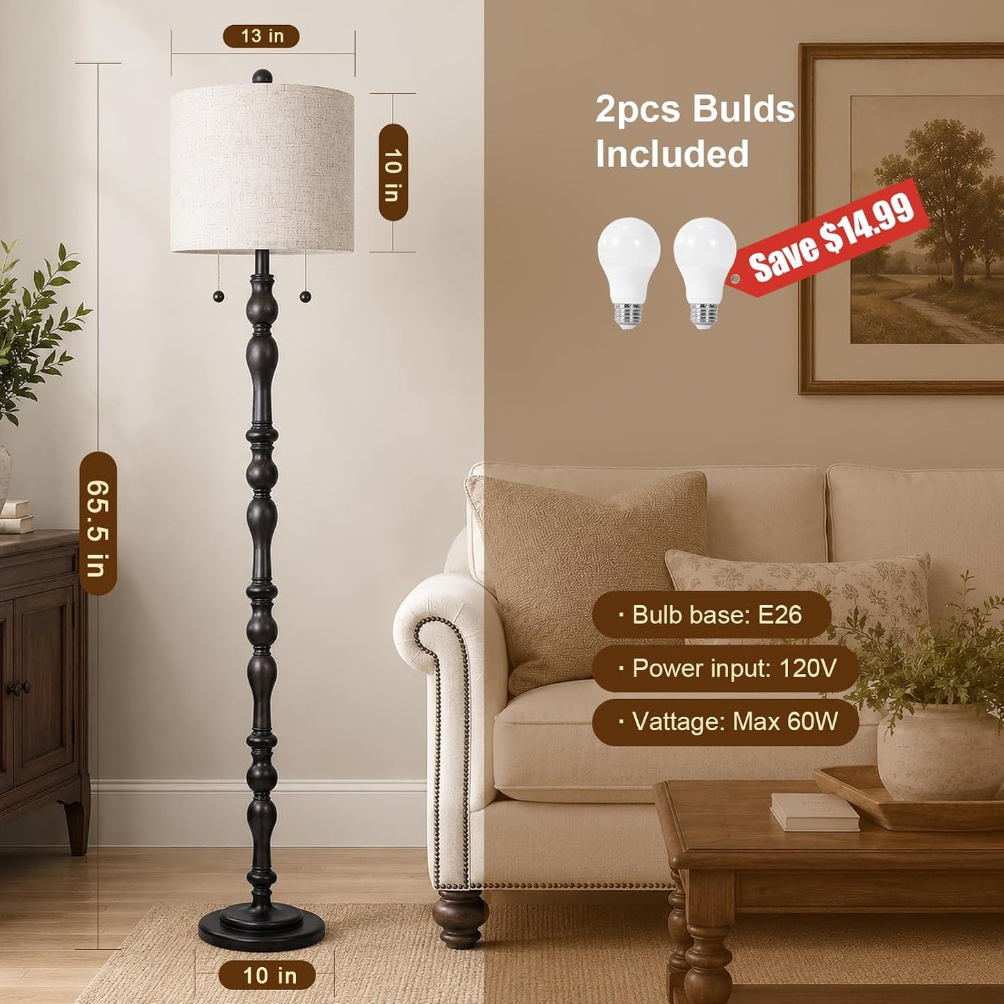 Scenekoy 65.5" Retro Farmhouse Real Wood Floor Lamp for Living Room Office | Dual Pull Chains Switch, Linen Shade, LED Bulb Included, Solid Wood Base, Dark Gray Rustic Standing Lamp, Bedroom Tall Lamp
