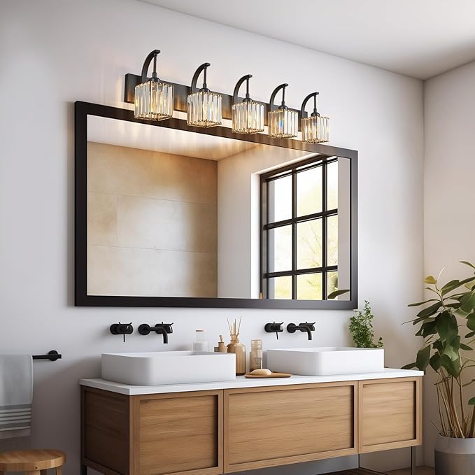 FDPBY 5-Light Crystal Vanity Light, Modern Black Bathroom Wall Sconce - Image 6