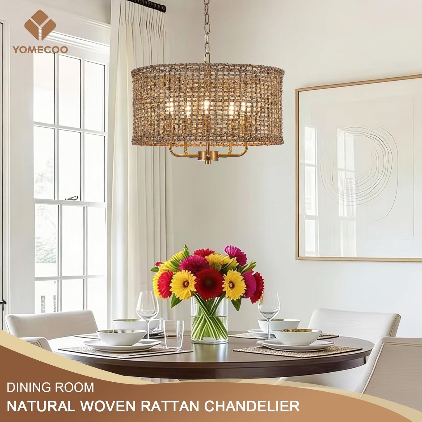 19.7" Gold Rattan Chandelier, 5-Light Boho Wicker Light Fixture | Hand-Woven Rattan Pendant Light; Adjustable Chain; Farmhouse Basket Drum Chandeliers for Dining Room, Kitchen Island, Bedroom